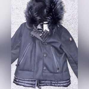 Moncler Black Coat with  blue Fur Trim .